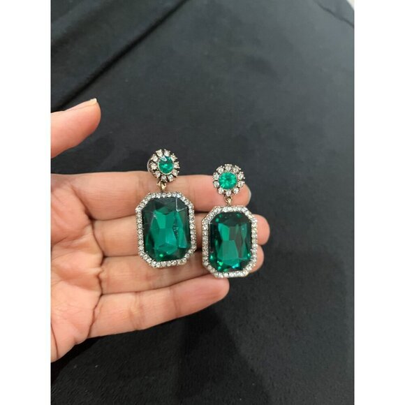 Dark Green earrings teardrop green crystal Rhinestone Crystal green Earrings - Picture 4 of 8